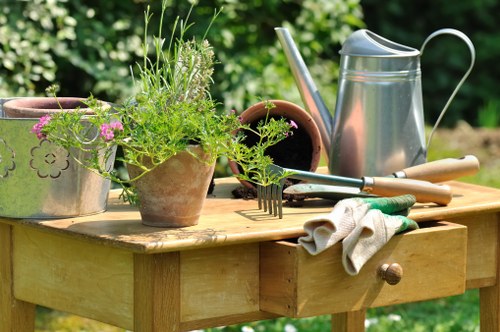 Gardener working in a Crews Hill garden with plants and lawn care