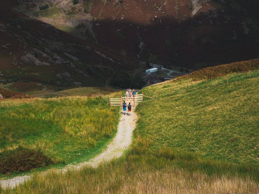 A group of hikers walking along a narrow, winding gravel path through a lush green hillside. The path is bordered by grassy slopes with varying textures, including patches of taller, wild grass and ne